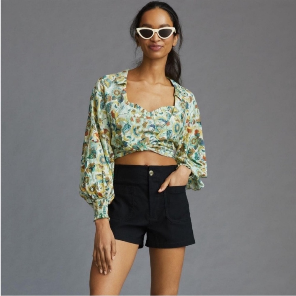 Floral Puff-Sleeve Cropped Top - Green Floral